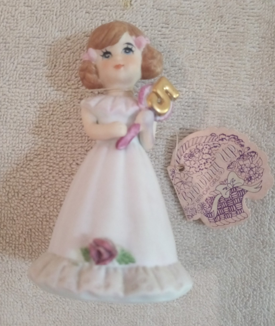 1982 Enesco GROWING UP BIRTHDAY GIRLS brunette hair 3 1/2″ tall age 5 MINT