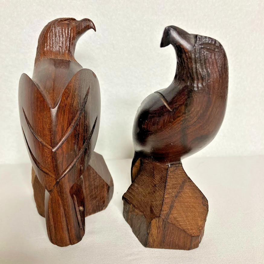 2 VTG Eagle Hawk Falcon Hand Carved Ironwood Pedestal Sculpture 5” & 5.5” Pair