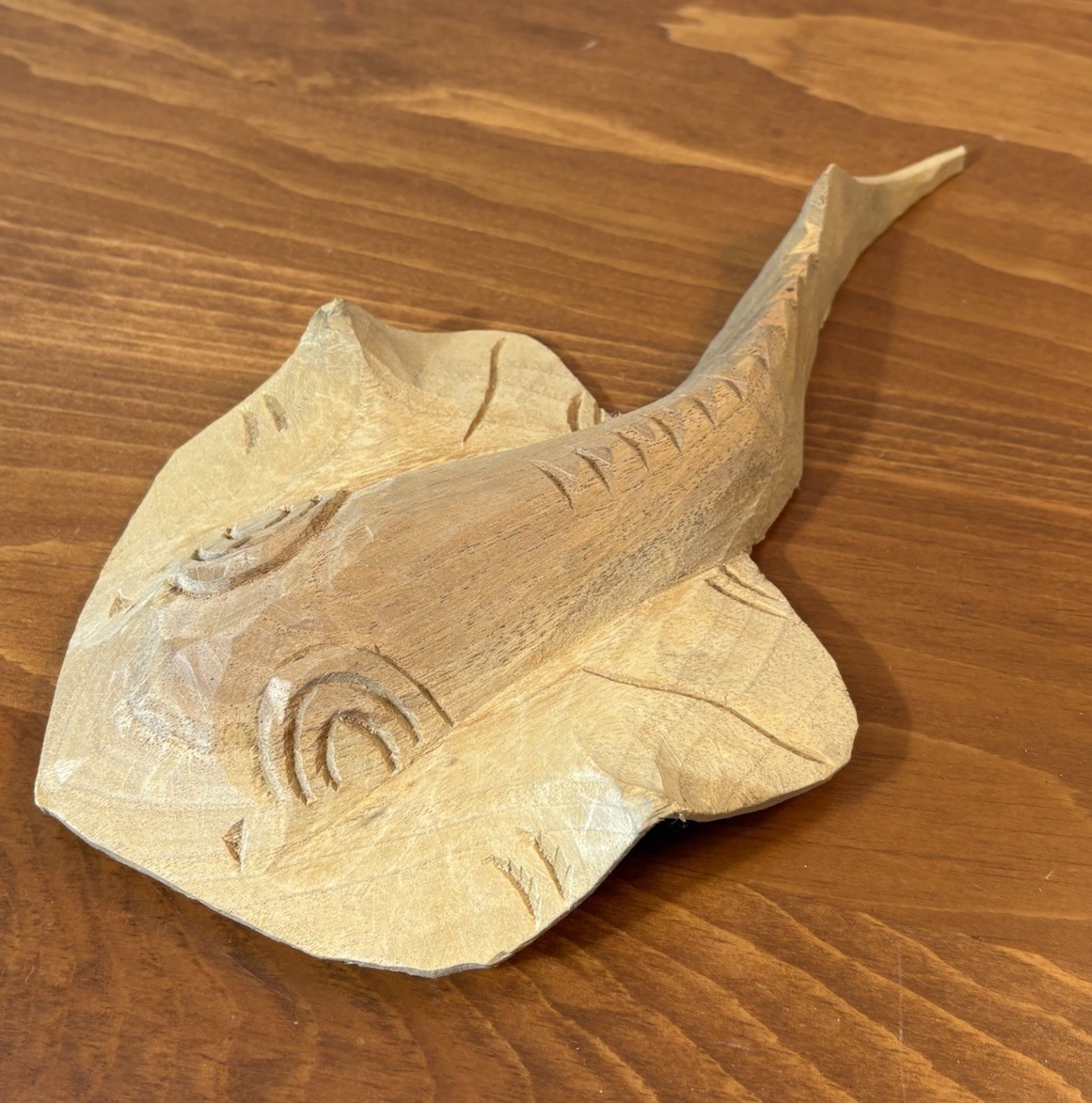 Stingray Animal 3D Wooden Sculpture Hand-Carved Rustic, Organic, Natural Wood EC