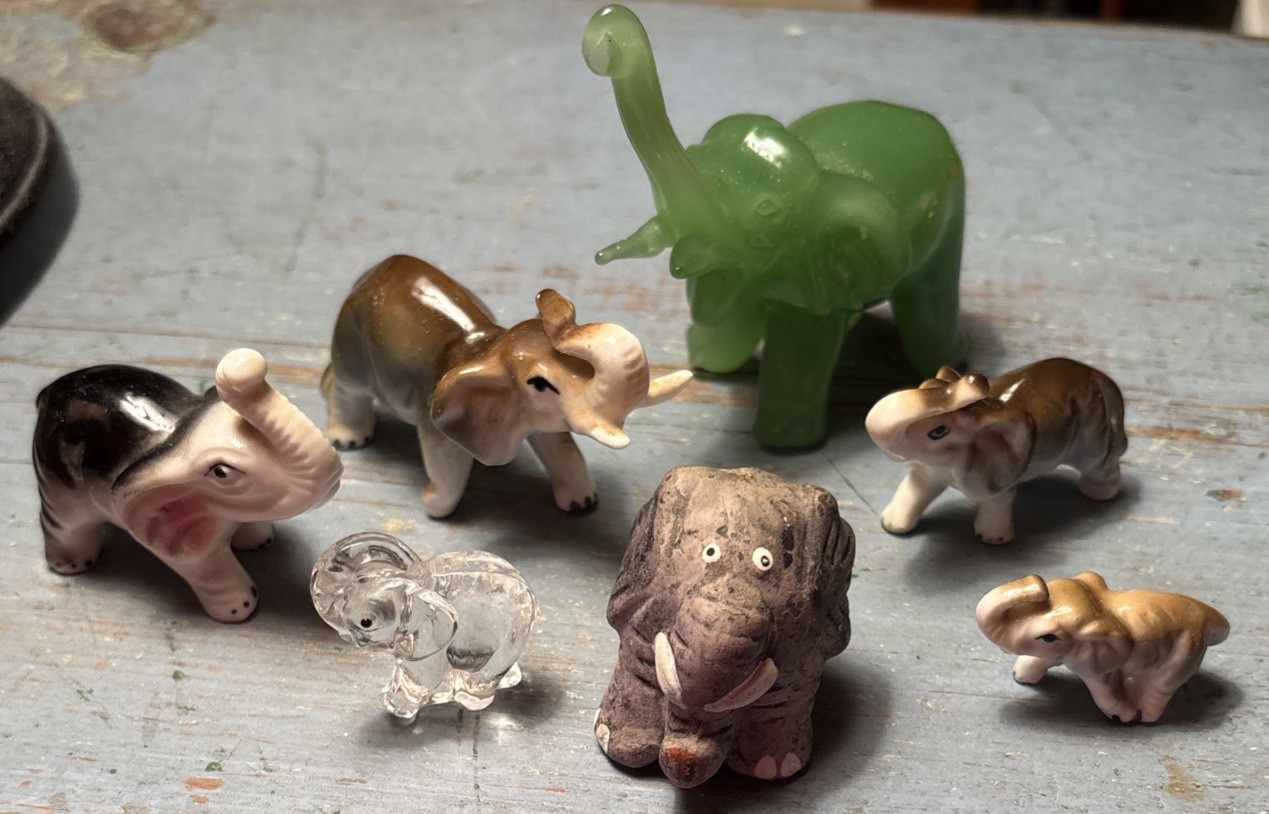 7 Vintage Elephants Animal Figurines Jade Japan Porcelain Glass