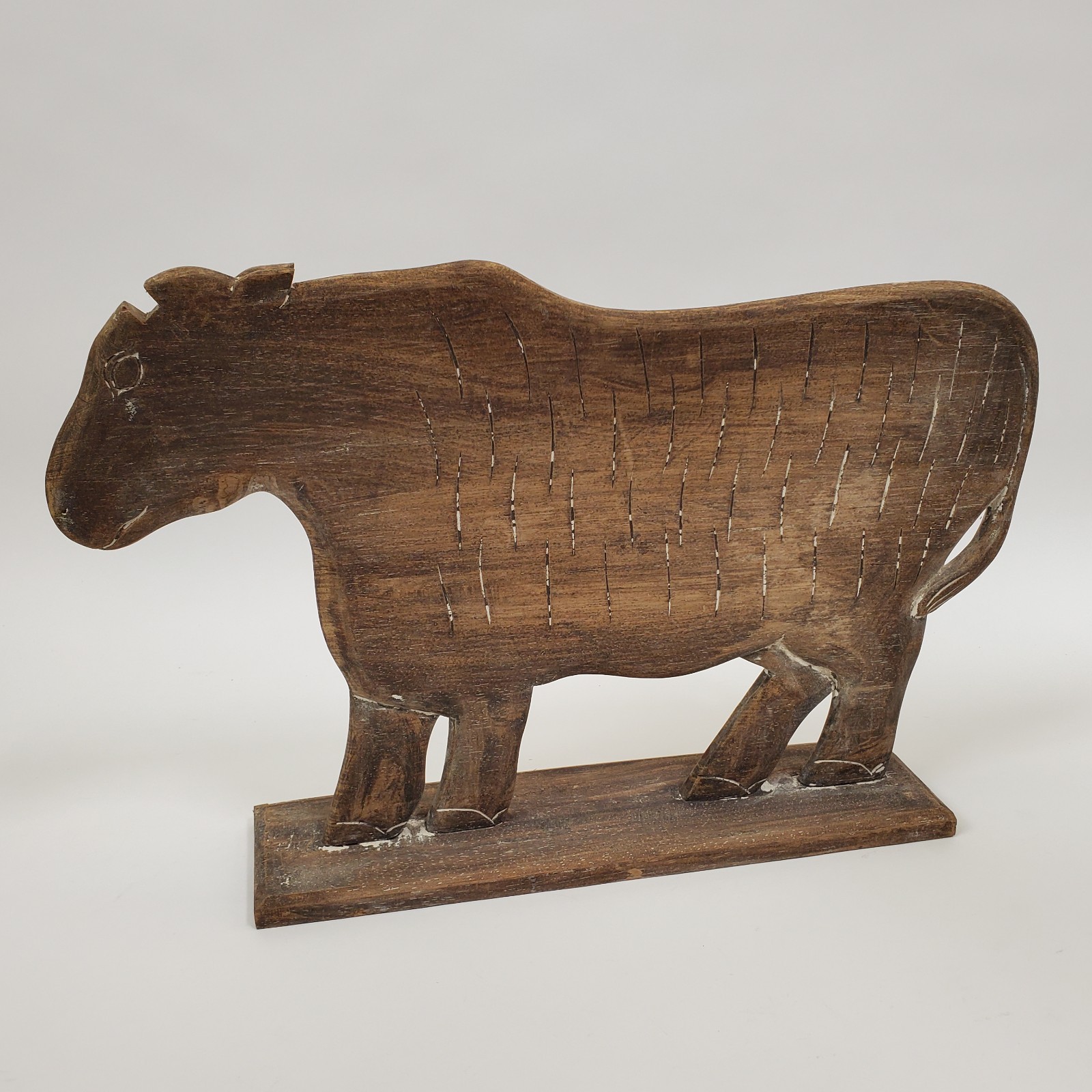 Rustic Folk Art Wooden Cow Sculpture Carved Farm Decor Primitive Statue 24in