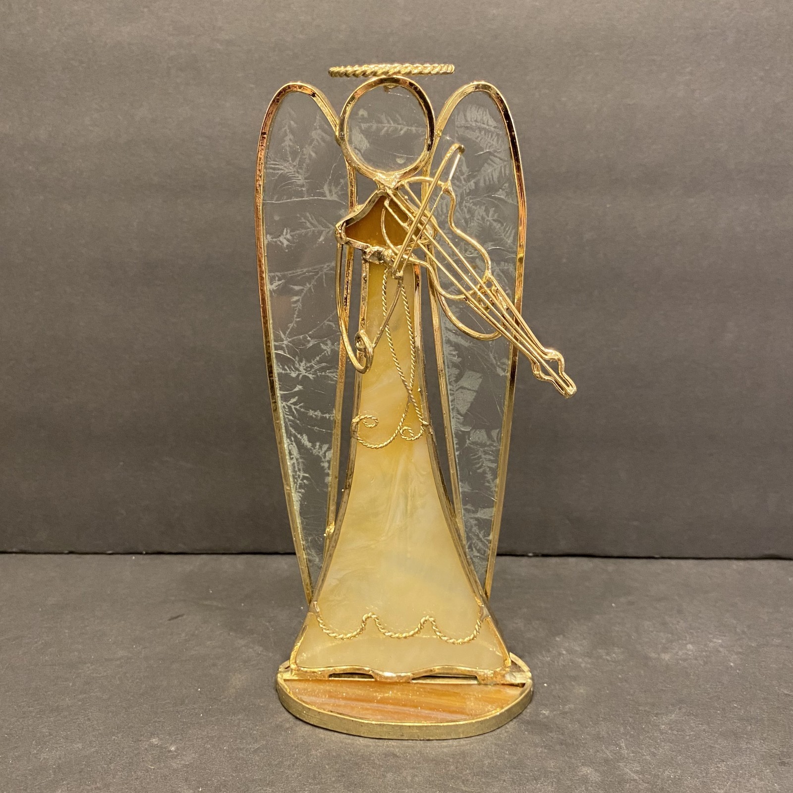 Vtg Stained Glass Amber Angel playing Violin Free Standing Christmas Decor
