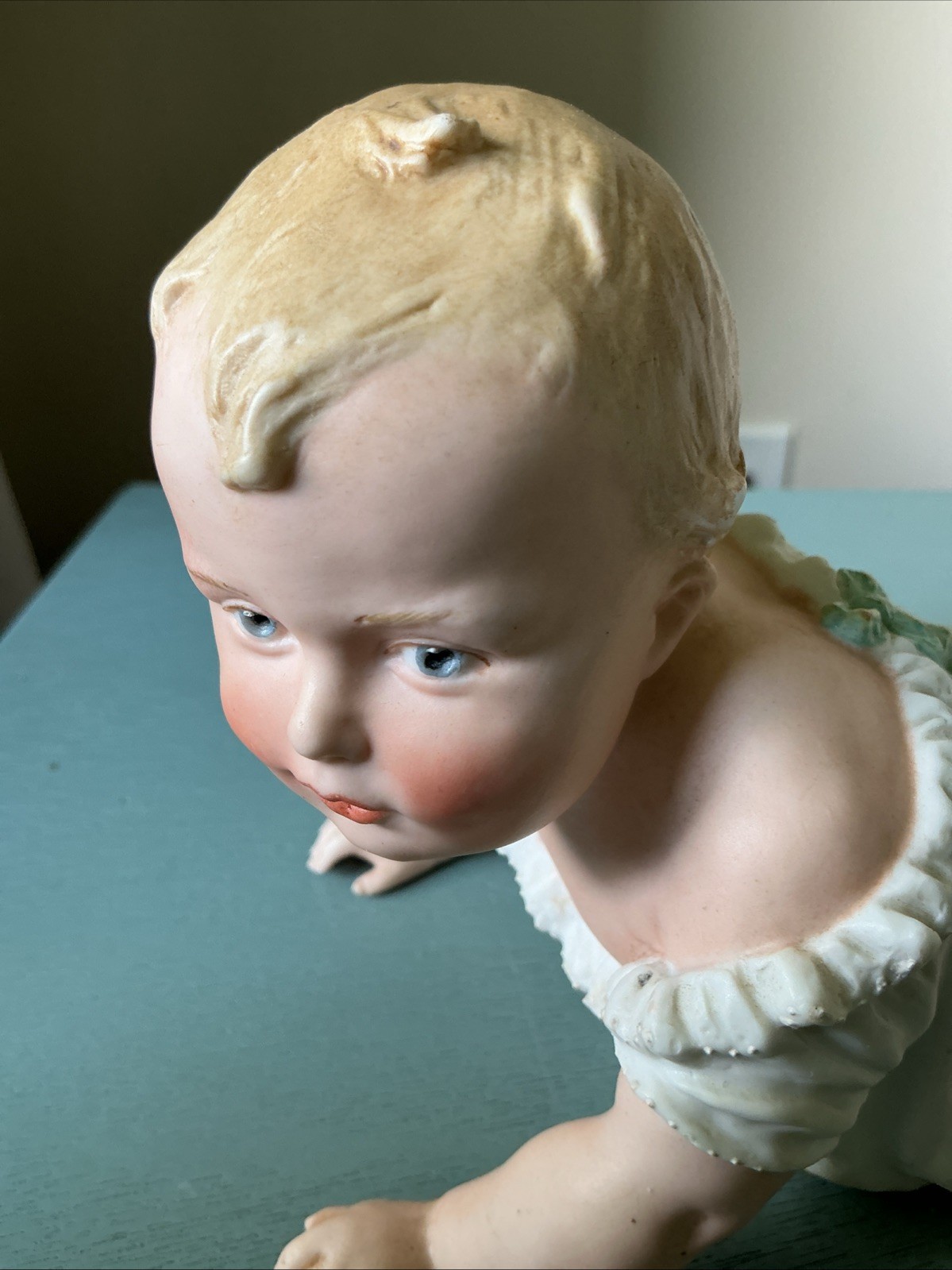 Antique Gebruder Heubach Bisque Piano Baby Figurine 8.5″ L Crawling Germany DEP