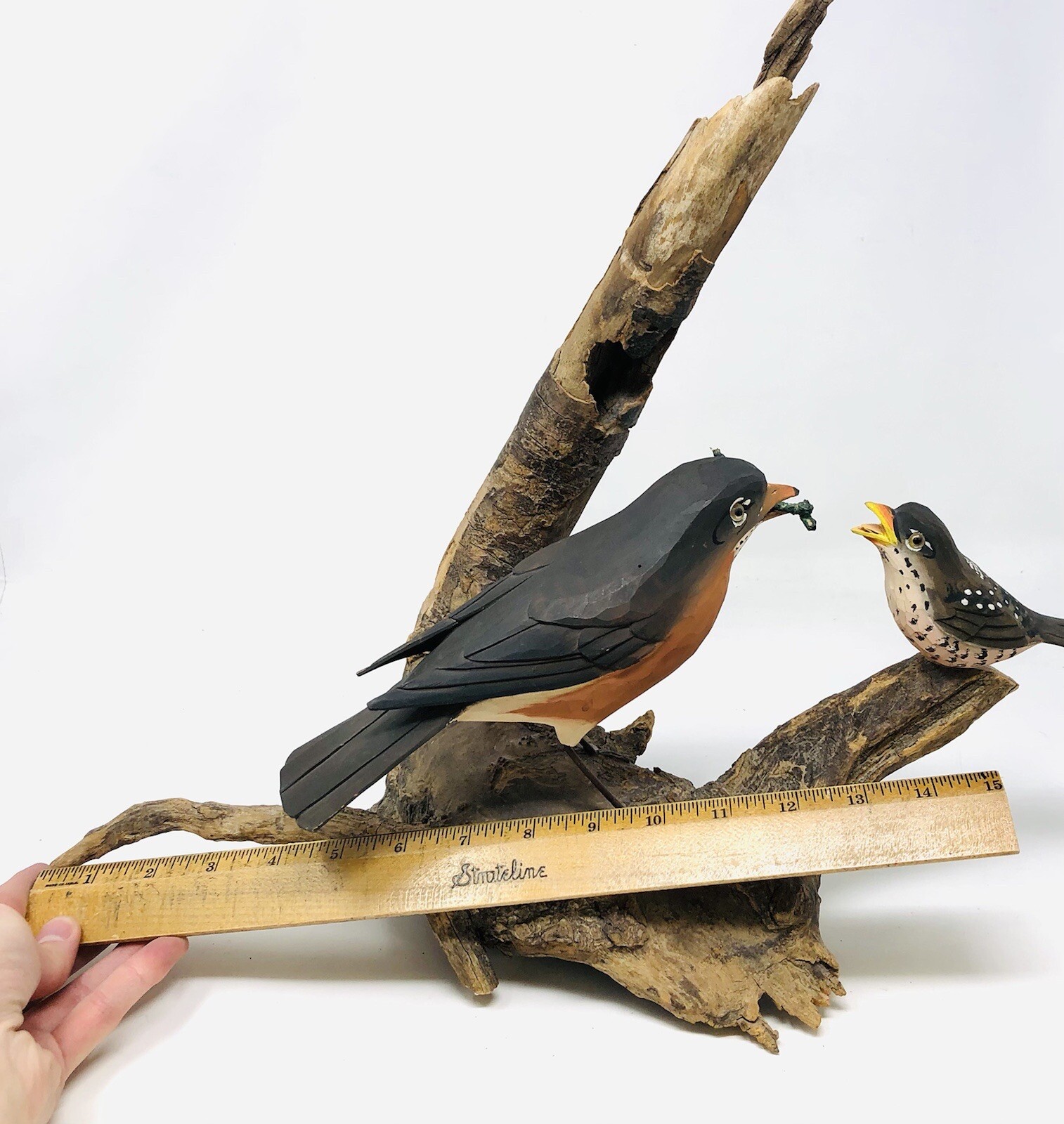 Vtg Hand Carved Birds Driftwood Sculpture Painted Art Nature BT23