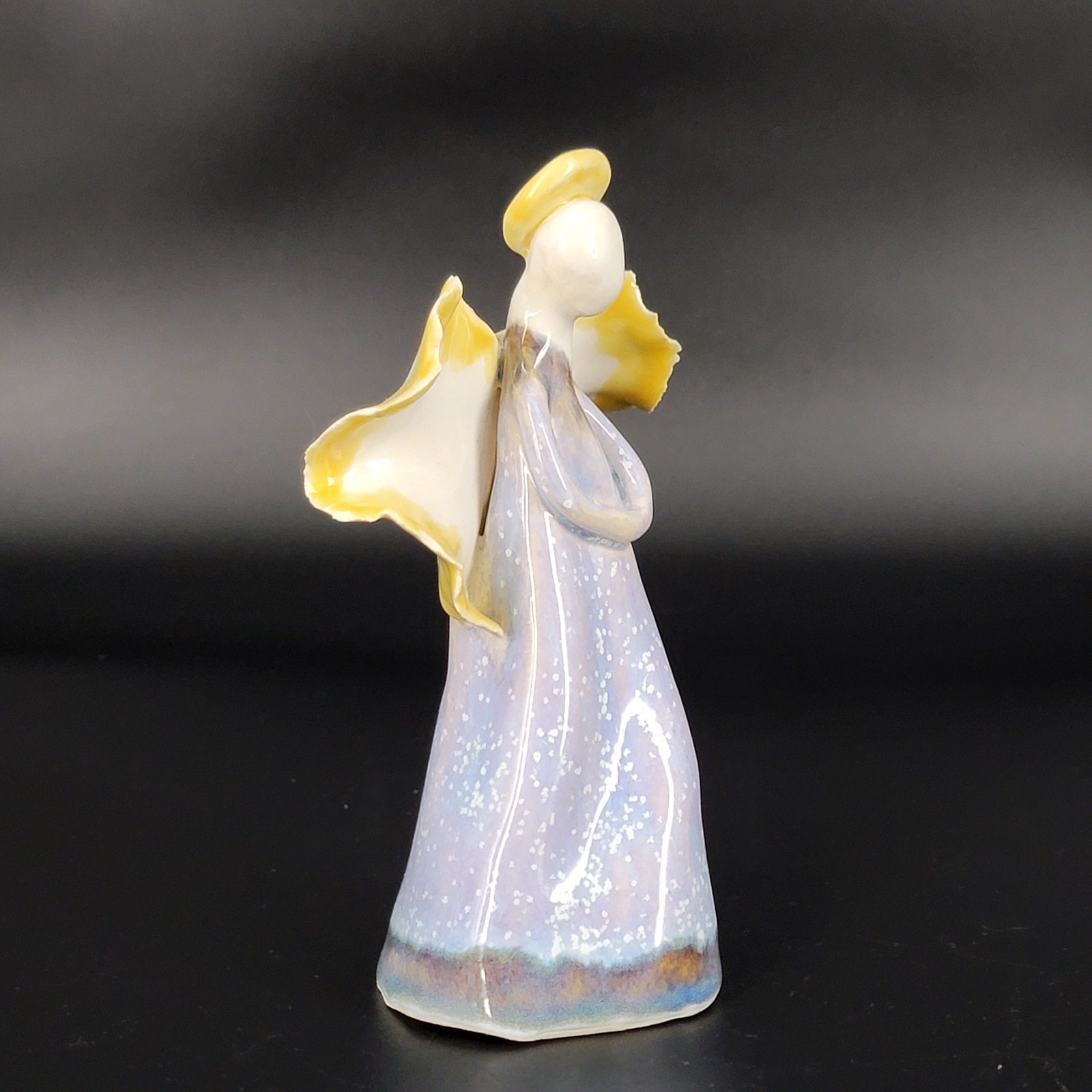 Hand Crafted Pottery Angel Figurine Free Standing 5.5″ Tall Blue Yellow
