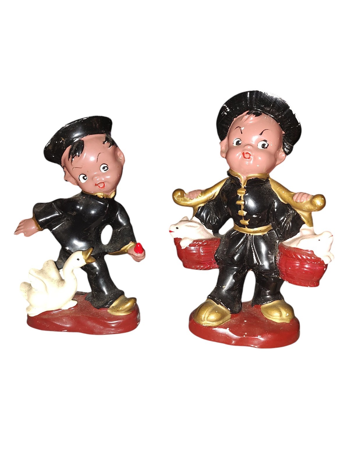 Vintage 1950s Japan Asian Boys Farmers Basket Animal Ducks Fish Figurines