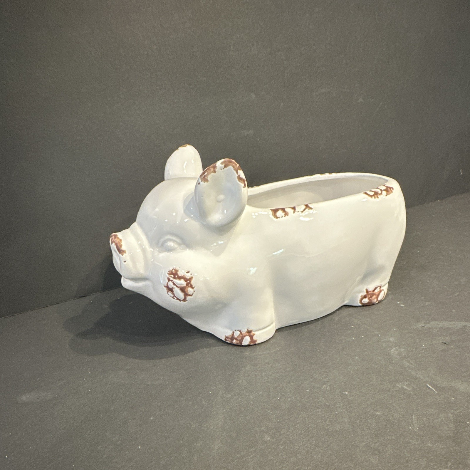 Farmhouse White Pig Planter Distressed Ceramic Rustic Cottage Decor