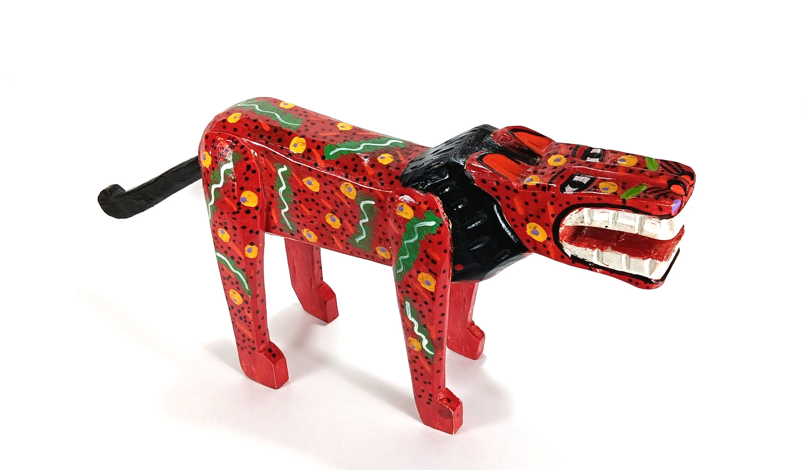 Wood Carved Lion Alebrijes Guatemalan Painted Red Folk Art Abstract 8″ x 17″