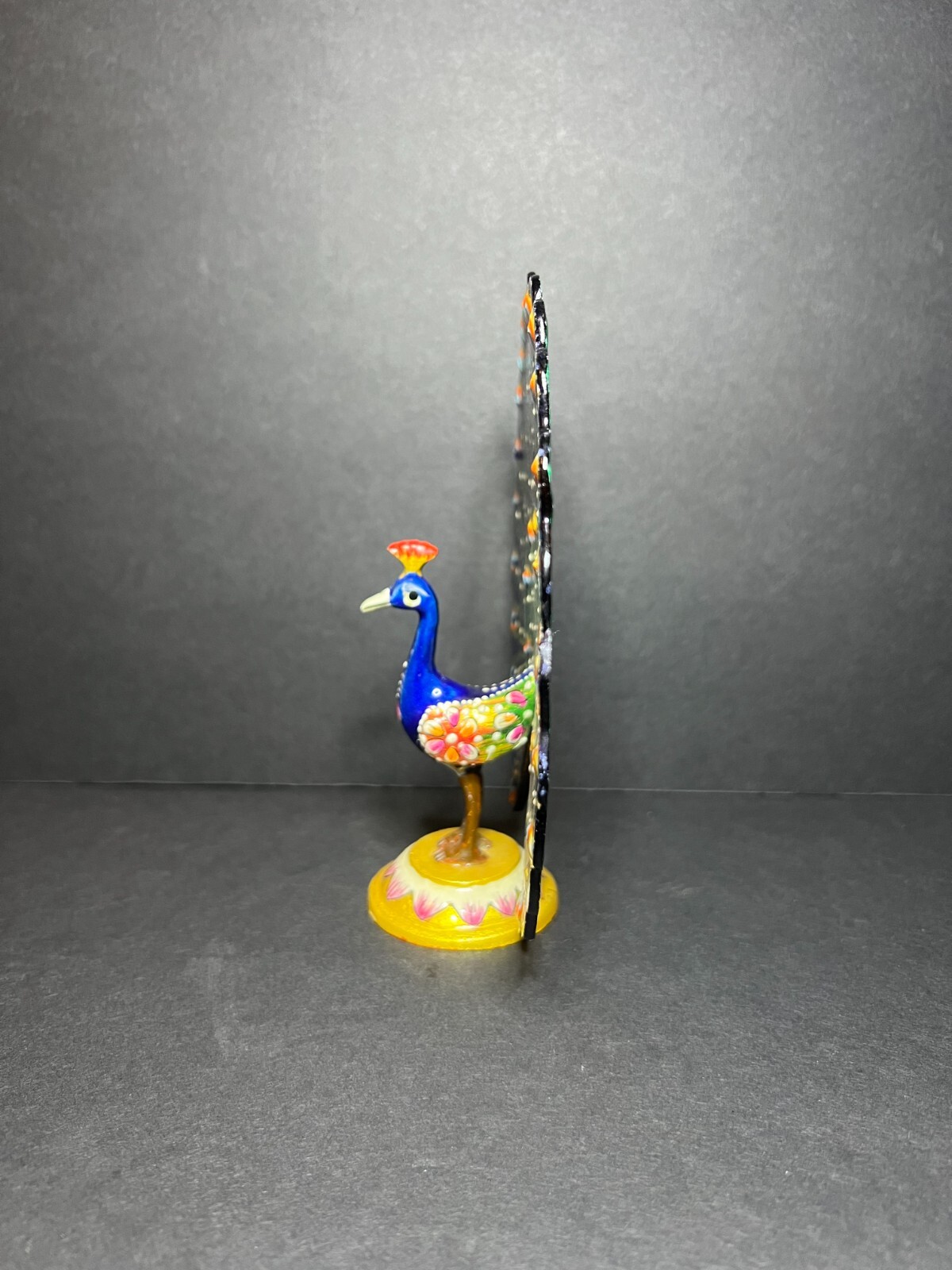 VTG Signed Hand Painted Blue & Green Metal Folk Art Dancing Peacock Figure 5.5″