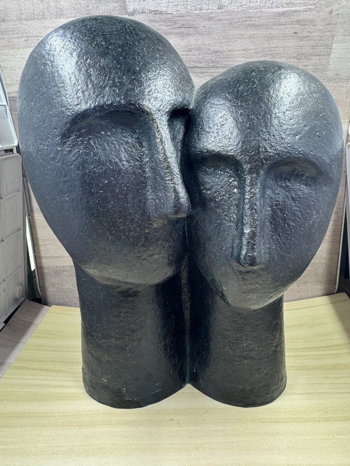 Contemporary Two Heads Resin 11” Sculpture Black Blue Patina