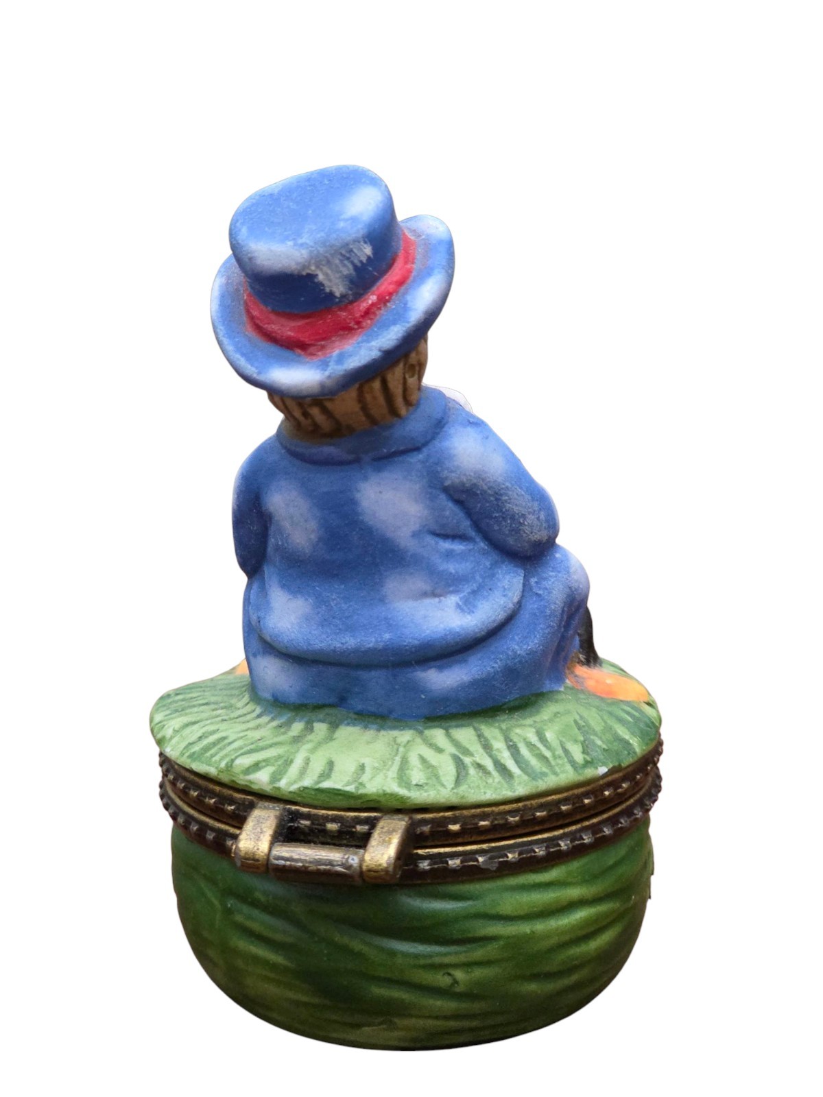 Vintage Porcelain Bisque Hinged Trinket Box Boy in Blue w/ White Rabbit Bunny