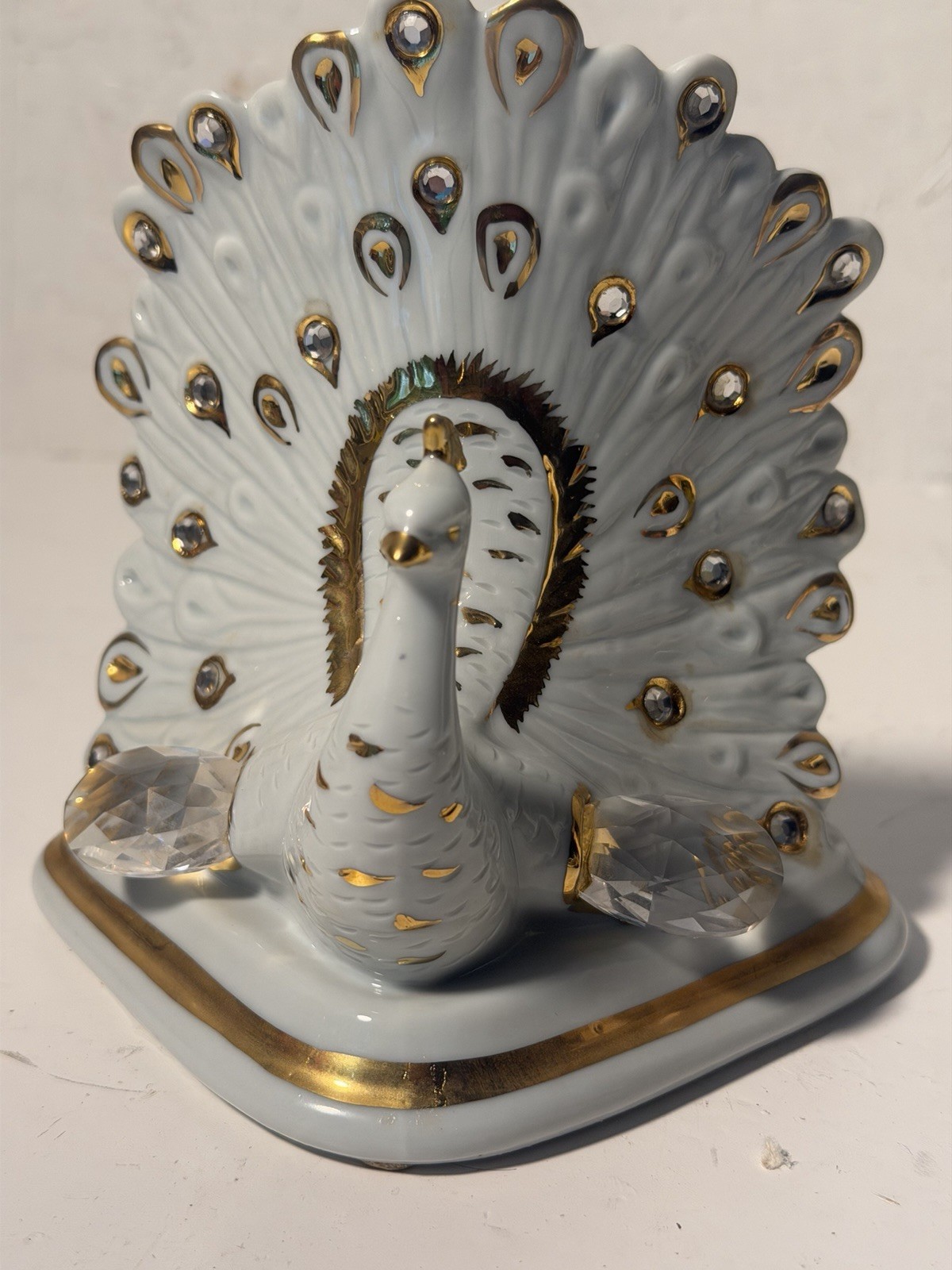 Vintage Capodimonte Porcelain Peacock Figurine W/ Colorful Crystal Accents