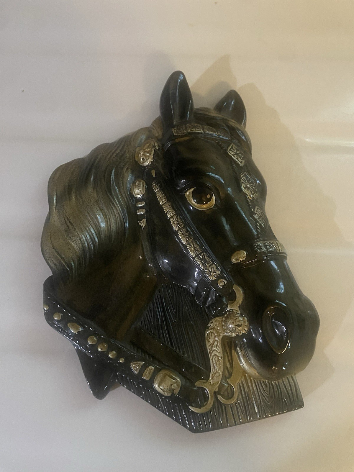 VTG Glazed Western Calk ware Horse Head Bridal Black, Gray, Gold Wall Plaque