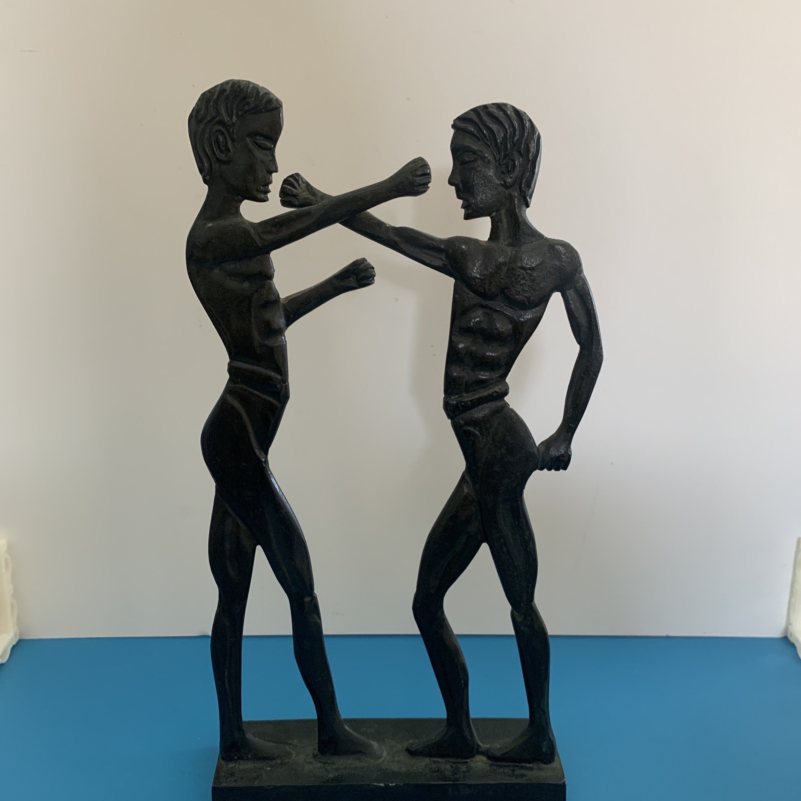 Rustic Two Men Boxing Case Iron Statue Figurine Table Decor 10 Inch Tall