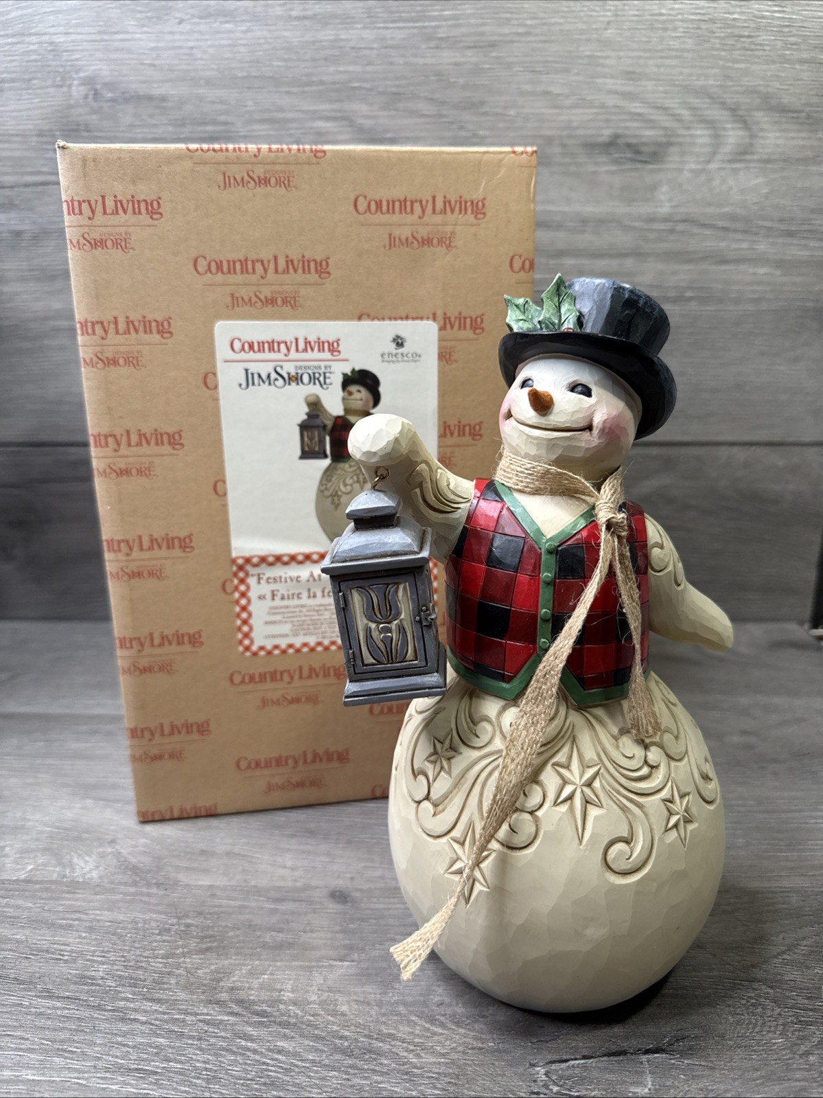 Jim Shore Country Living SNOWMAN WITH PLAID VEST AND LANTERN-FESTIVE AT 6009127