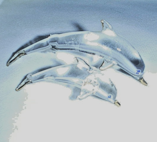 (2) Clear Crystal Dolphin Figurines with Blue Eyes & Gold Tipped Fins- off Stand