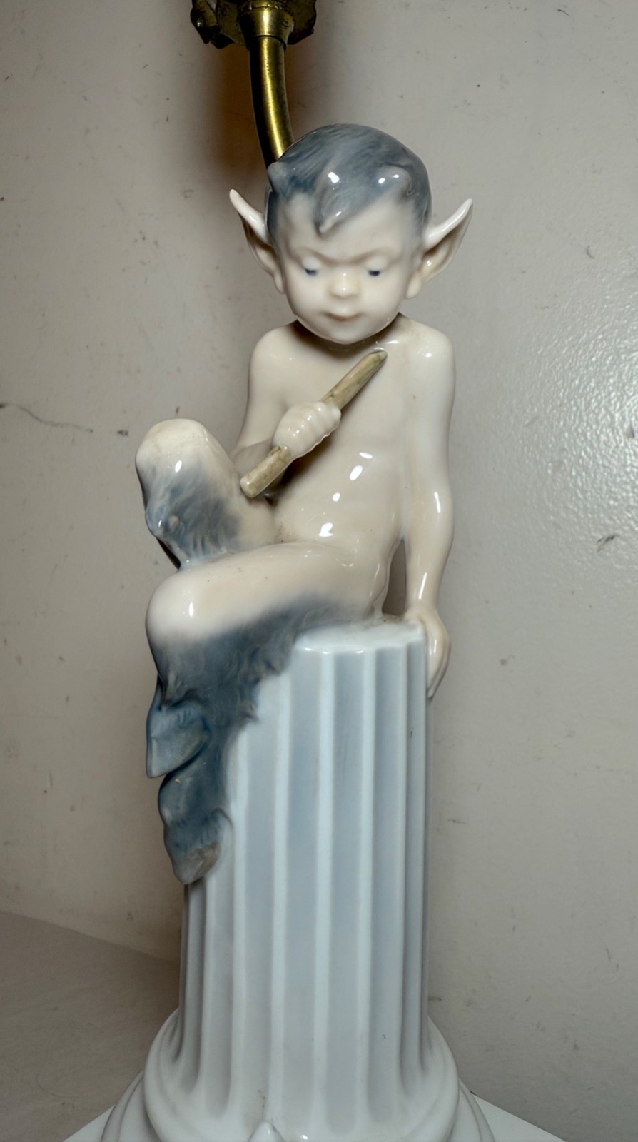 Vintage Royal Copenhagen Satyr Faun Child Perched on Column w Rabbit table lamp