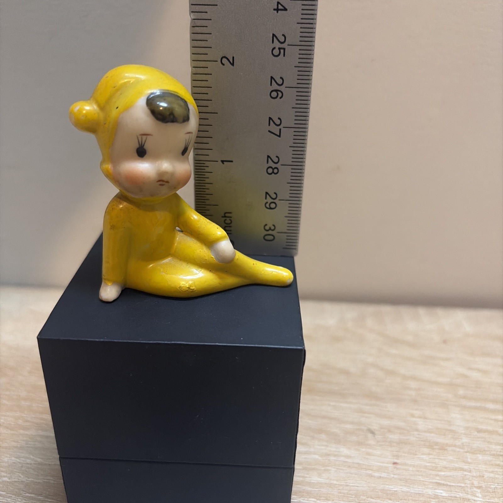 VINTAGE Tiny Yellow Pixie Elf Japan Figurine Sitting Hand Painted MCM