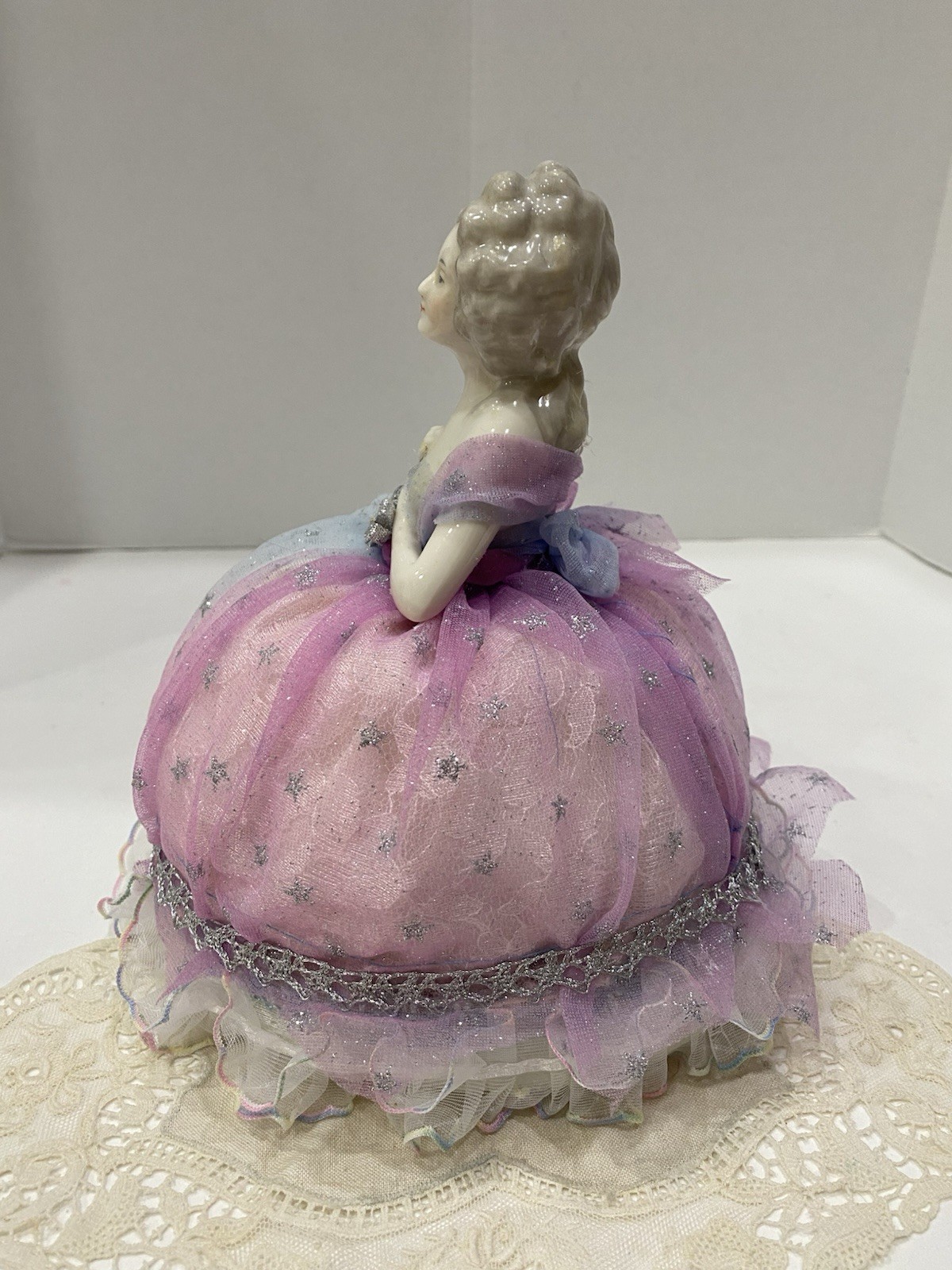 Vintage Germany Porcelain Vanity Half Doll Pin Cushion Star Dress Lavender Blue