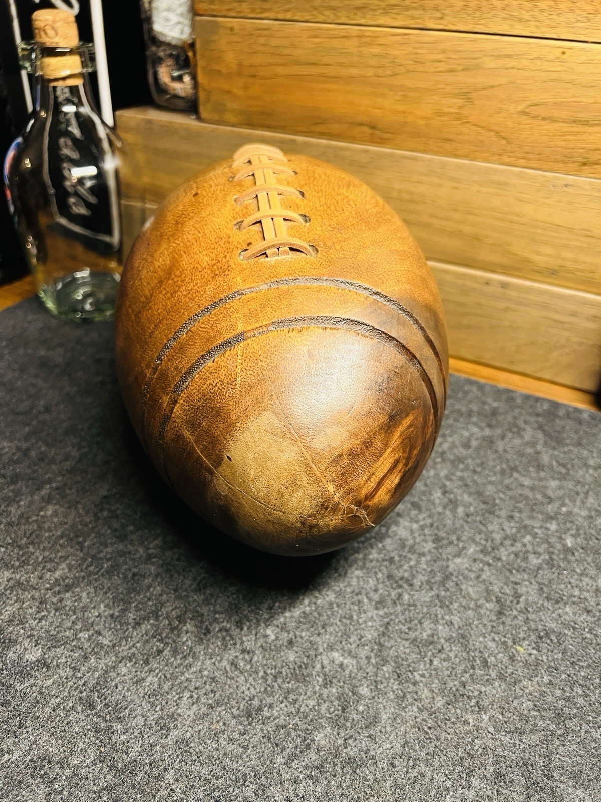 Hand Carved Solid Olive wood & Leather Pro Size American Football Sculpture