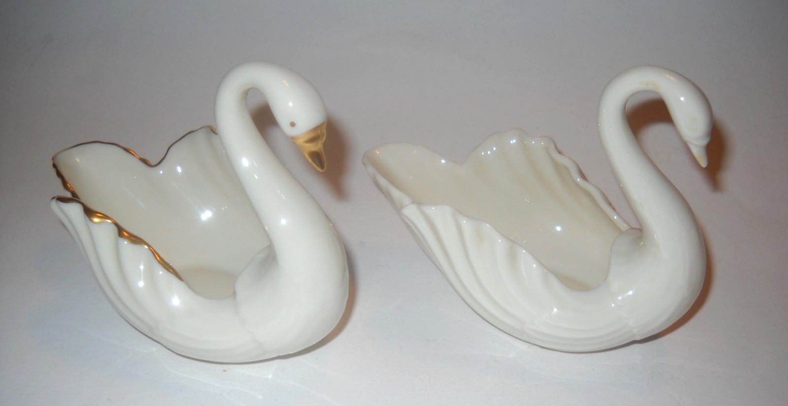 Vintage Pair of Lenox Ivory Swan One w/Gold Trim Figurine Candy Trinket Dishes
