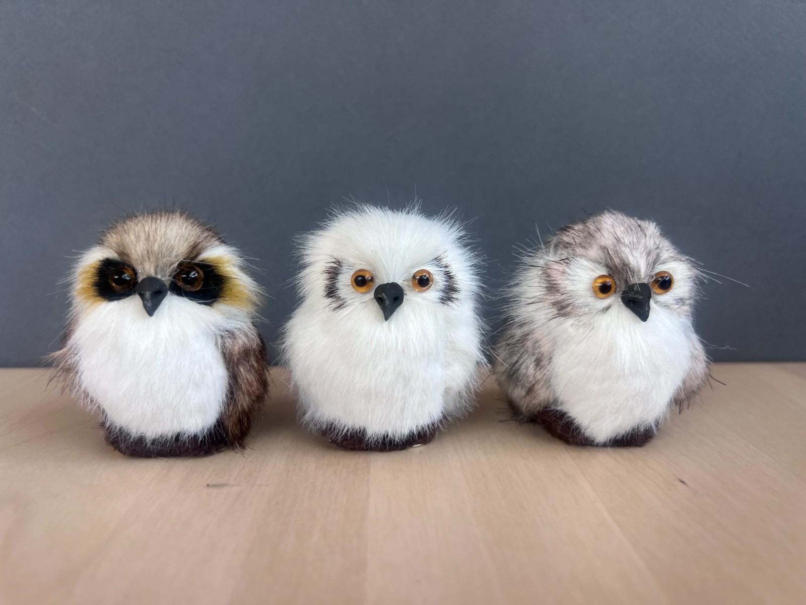 Realistic Real Fur Set Of 3 Owl Figurines Woodland Winter Decor