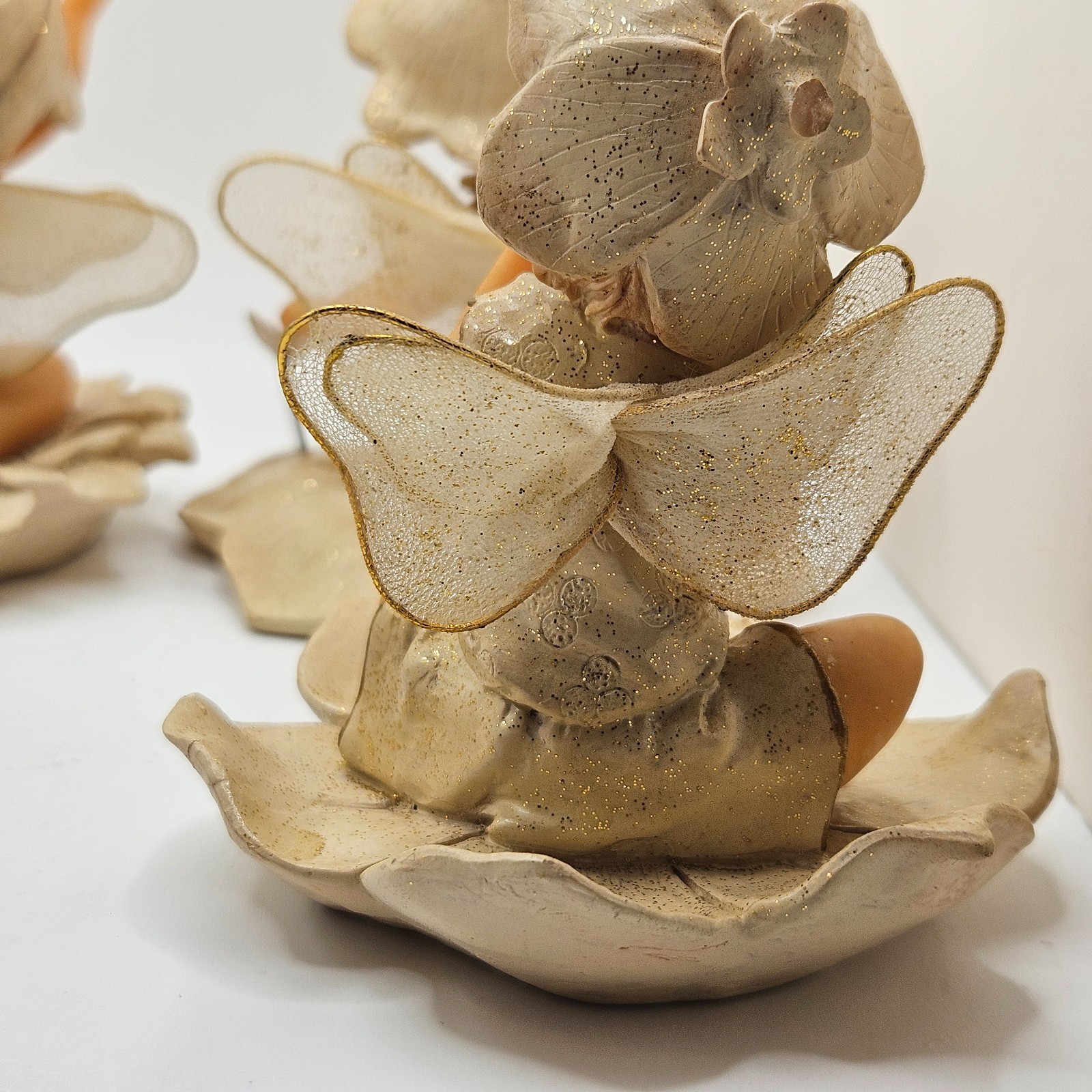 Vintage Pixie Fairy Baby Figurine Set Lotus Flower Resin Cottagecore Whimsical