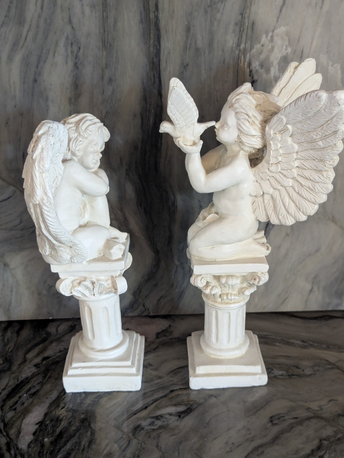 Cherub Angel Statue Pair Corinthian Column Pedestals Dove Wings 8″ 9″ Decor
