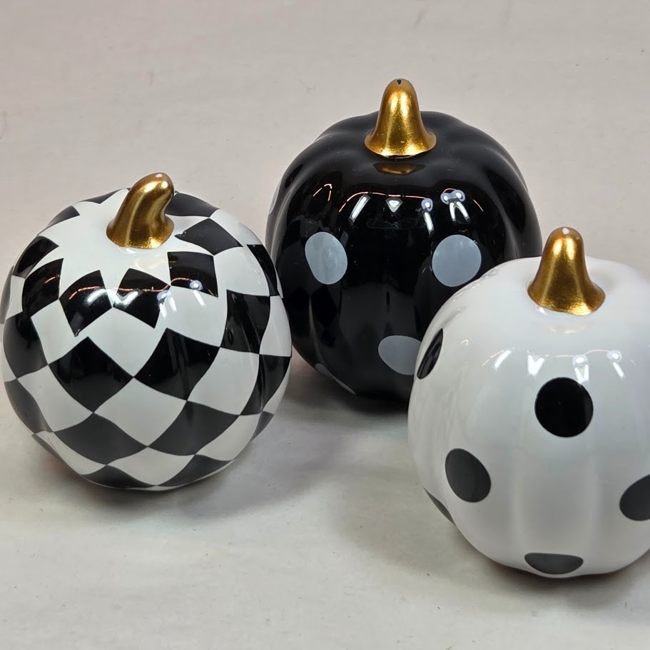 Mini Ceramic Black White Pumpkins Checkered Polka Dot 2.5 x 2.5 Halloween Decor