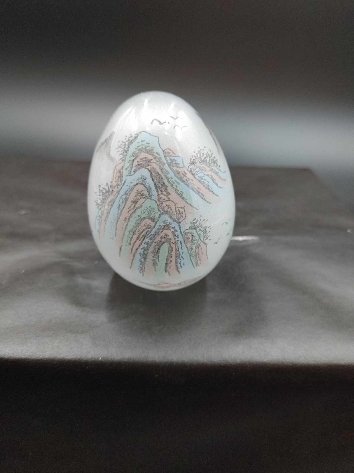 Vintage Reverse Hand Painted Glass Egg Japanese Scene Mountain Tree – No Stand