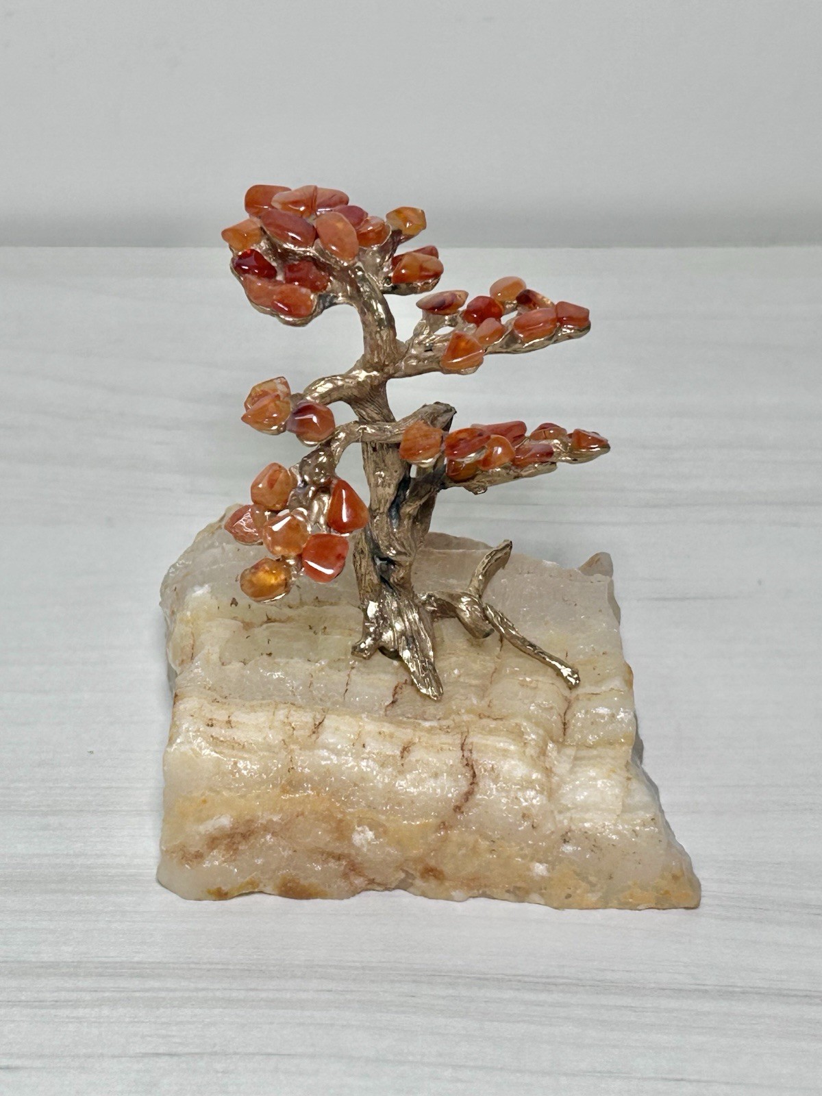 Vintage AMARO Stone & Gold Tone Metal BONSAI TREE SCULPTURE on Rock Signed