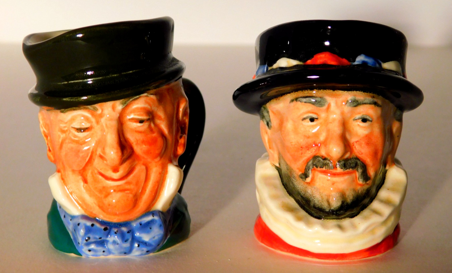 Royal Doulton Mini Beefeater + Micawber Toby Mug Jug 2 1/4″ Mint Lot of 2