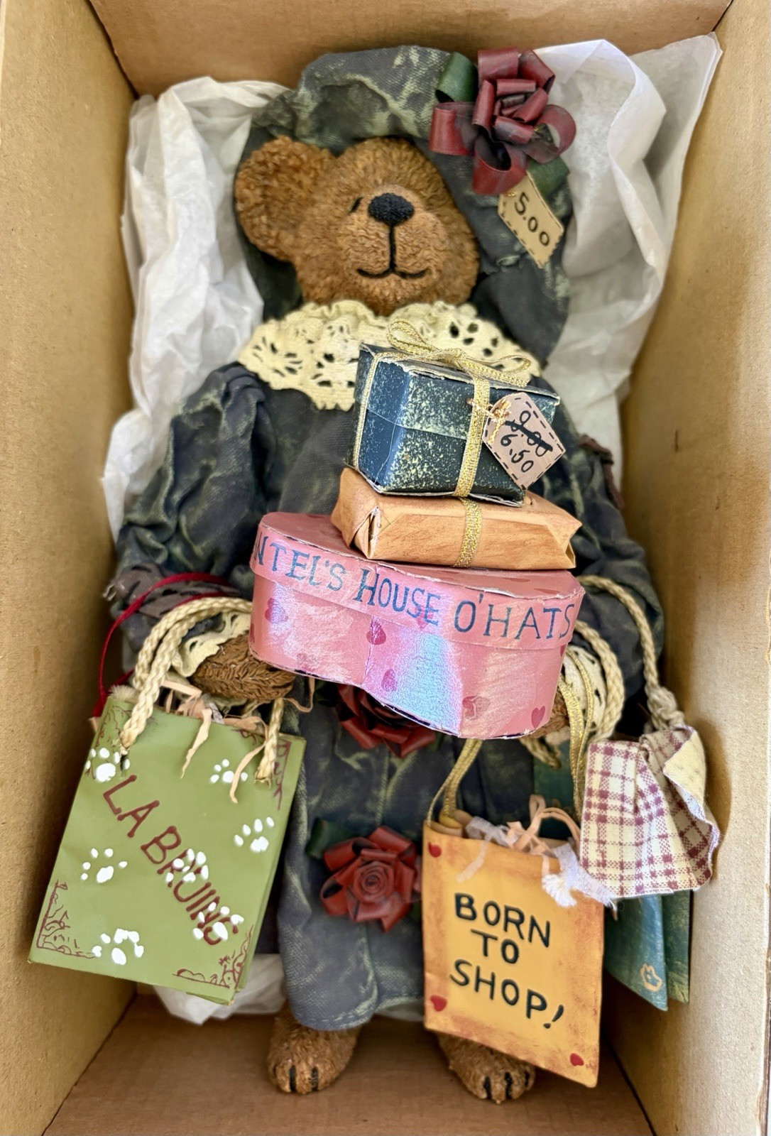 Boyds Bears Grace Crumpleton Shopping Bear 11.5” In Box Resin Fabric 73100V Cute