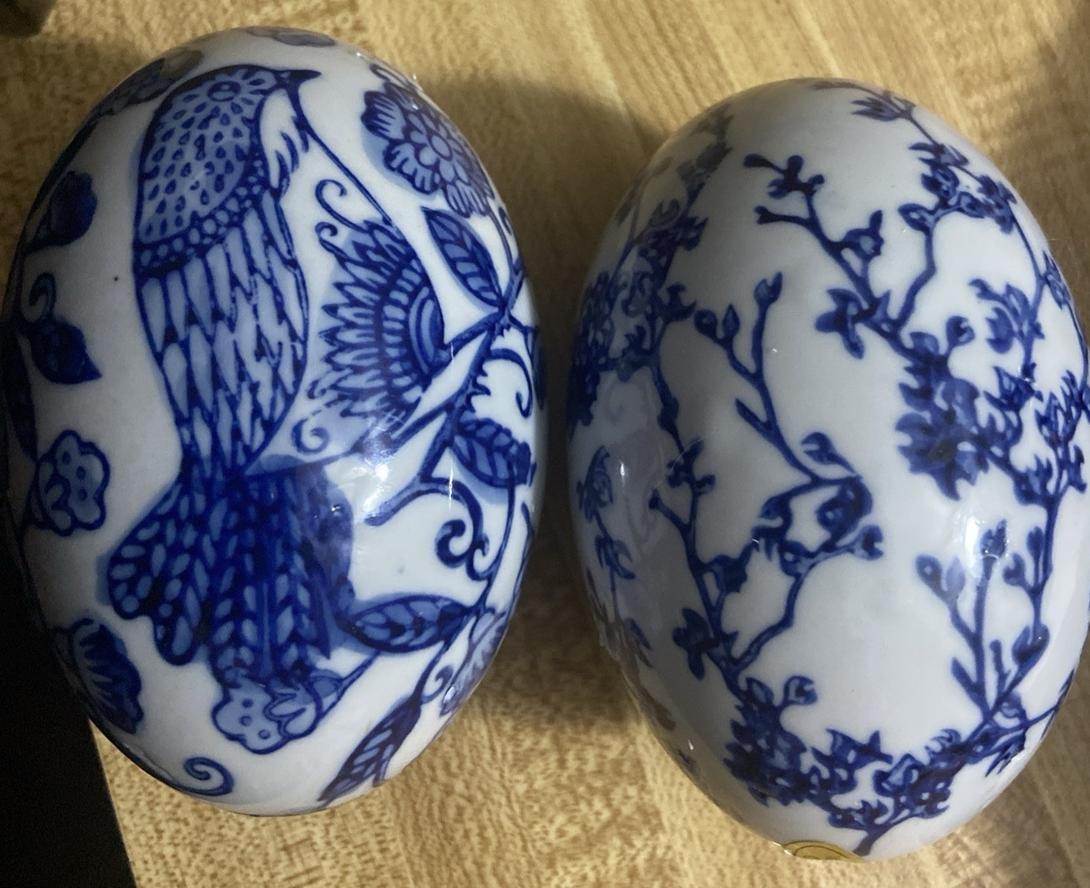 Vintage Porcelain Double Egg White and Blue Set Of 2