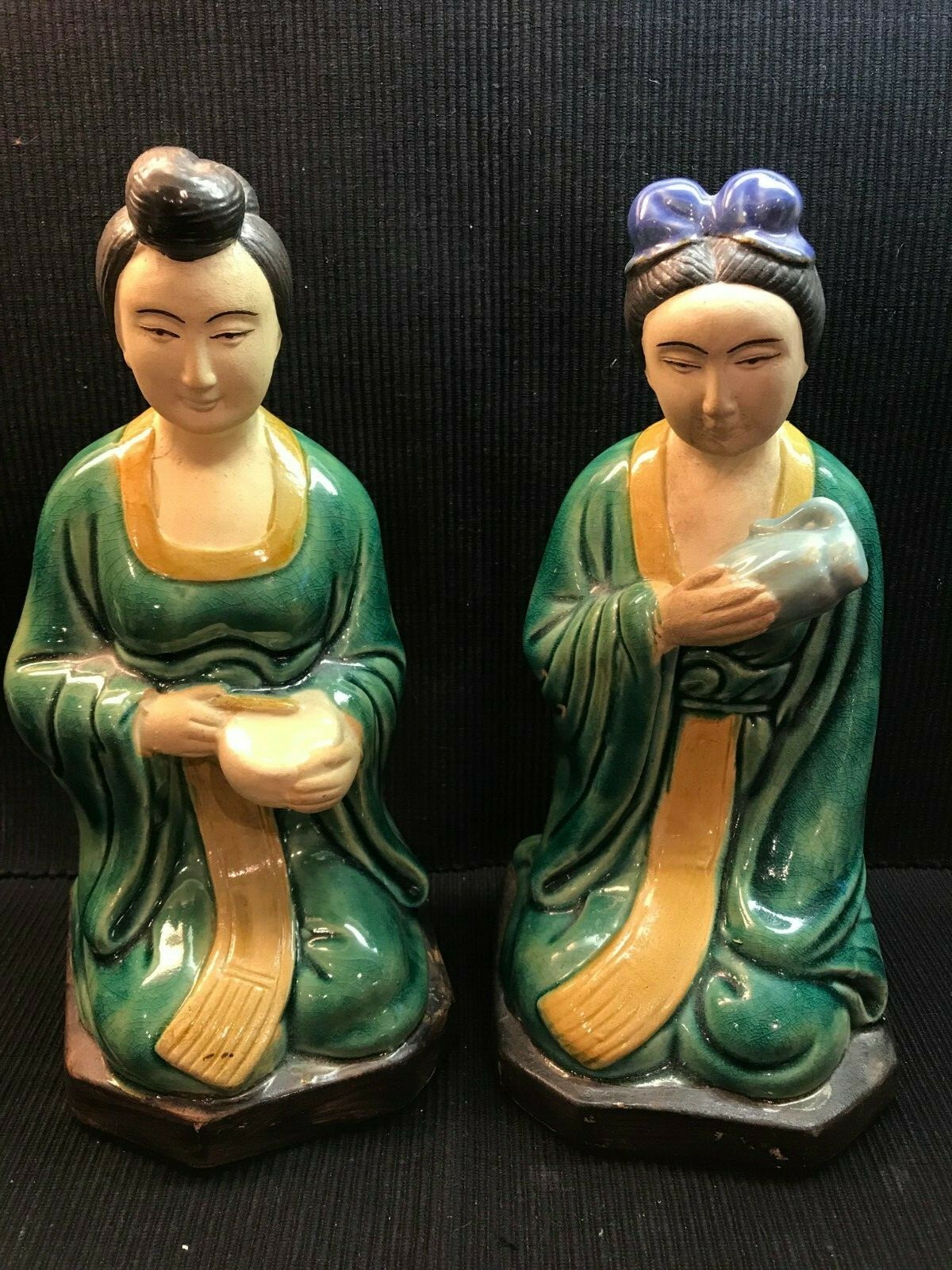 PAIR OF VINTAGE PORCELAIN/CERAMIC GEISHA GIRL FIGURES MATTE AND GLAZE 11″