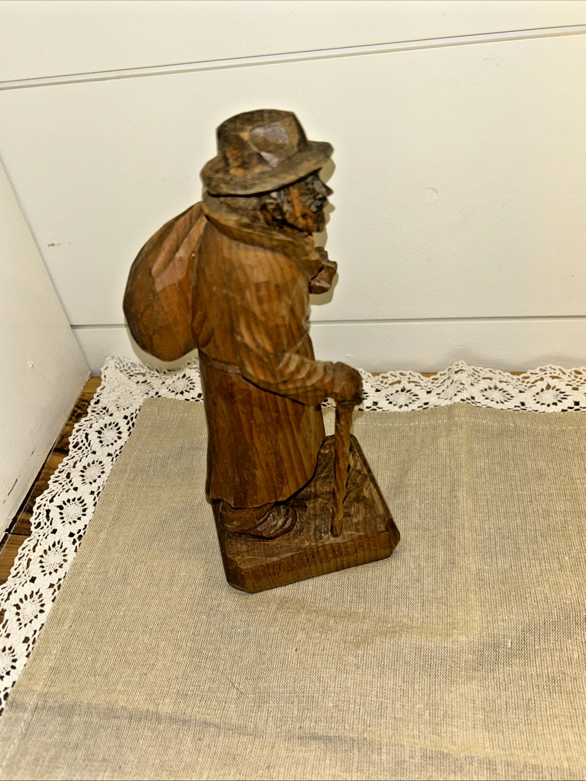 Hand Carved Wood Folk Art Signed Artist Figurine 9.5″ Man Sack Over Shoulder