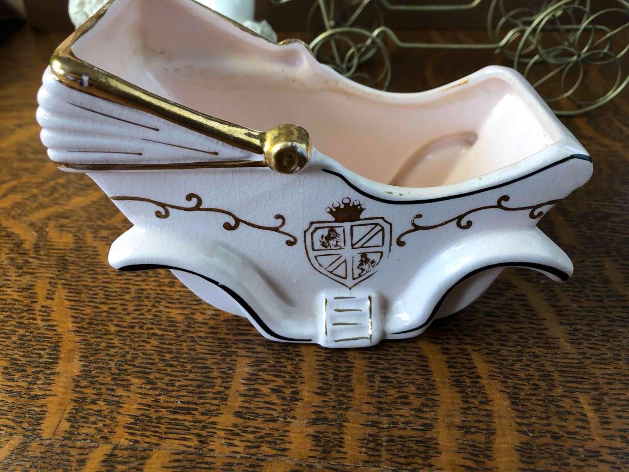 Vintage Napco Pink Gold Buggy Carriage Spaghetti Trim Poodle Dog Sleigh Planter