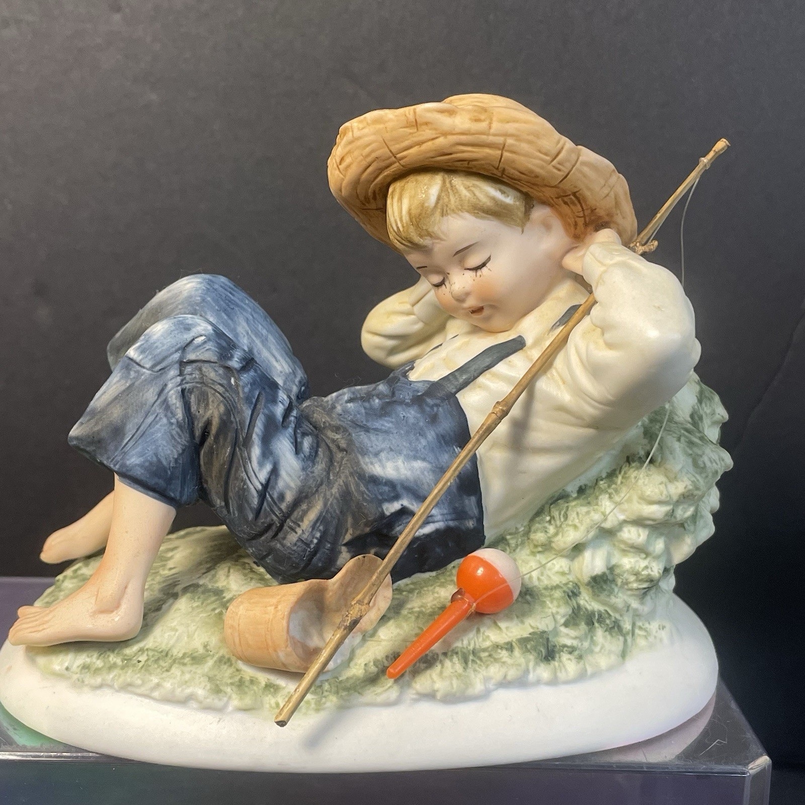Lefton Bisque Figurine KW3839 Napping Barefoot Boy Fisherman In Overalls Vintage