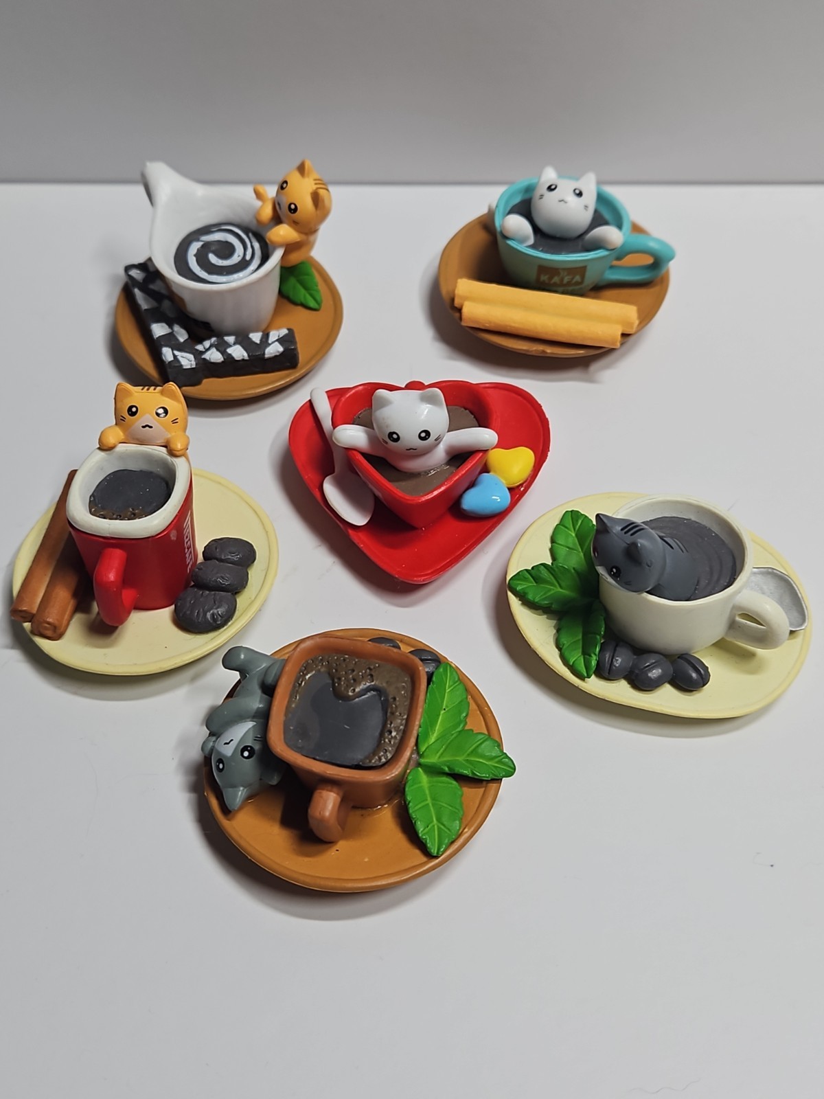 6 Cafe Cat Mini Kitty on In Coffee Mug Teacups 1.5″ Figures Figurine Magnet Set
