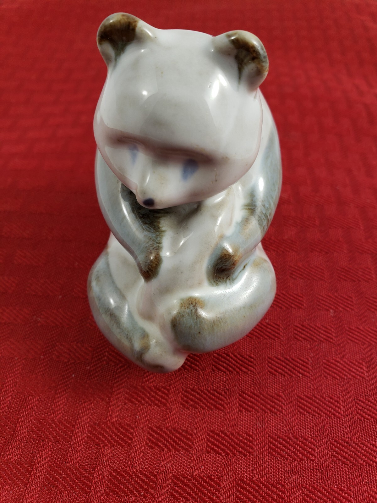 Vintage Ceramic Bear Figurine Holding A Fish Red Stamped 2 on Bottom