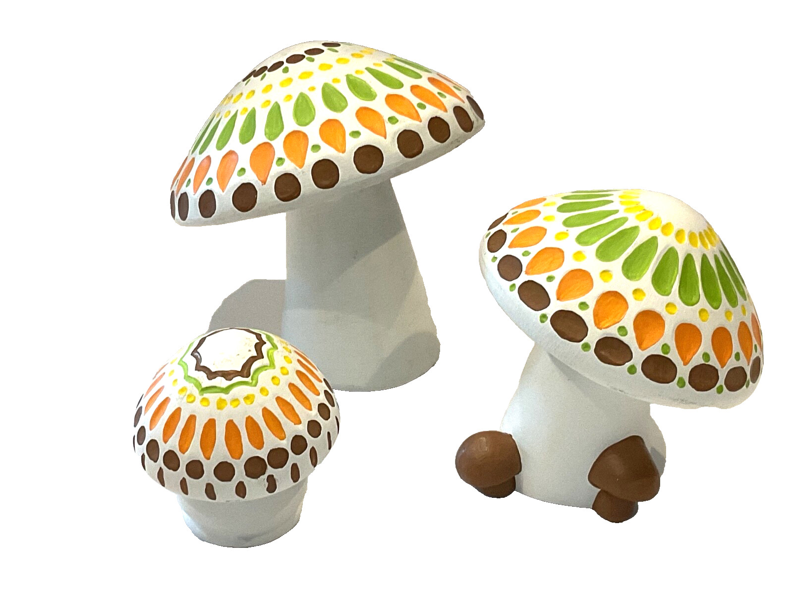 VTG Retro Ceramic Mushroom Green Yellow Orange Brown Mosaic Figurine Set 3 pc