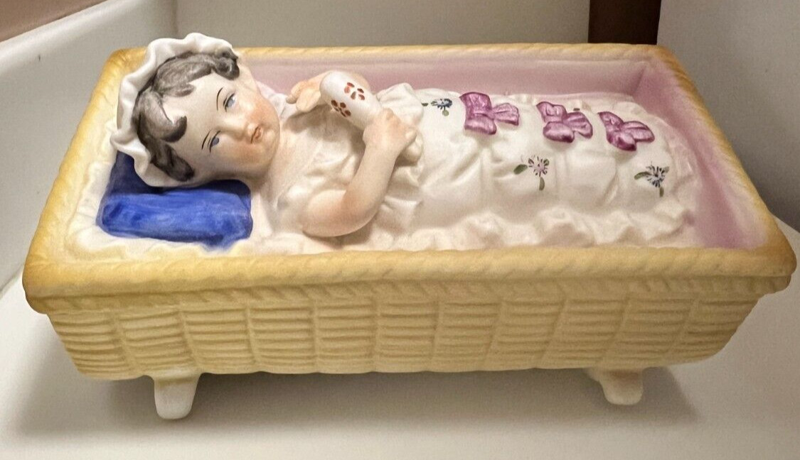 Antique Piano Baby Bisque Porcelain Heubach Girl In Rocking Cradle 6.25”