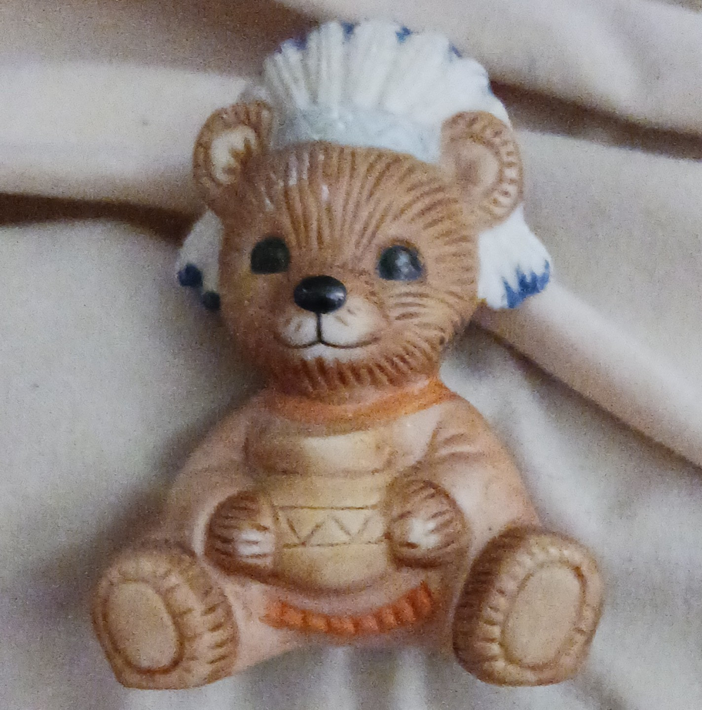 Ceramic Teddy Bear Figurine w/ Headdress Hand Painted Small, X 5312