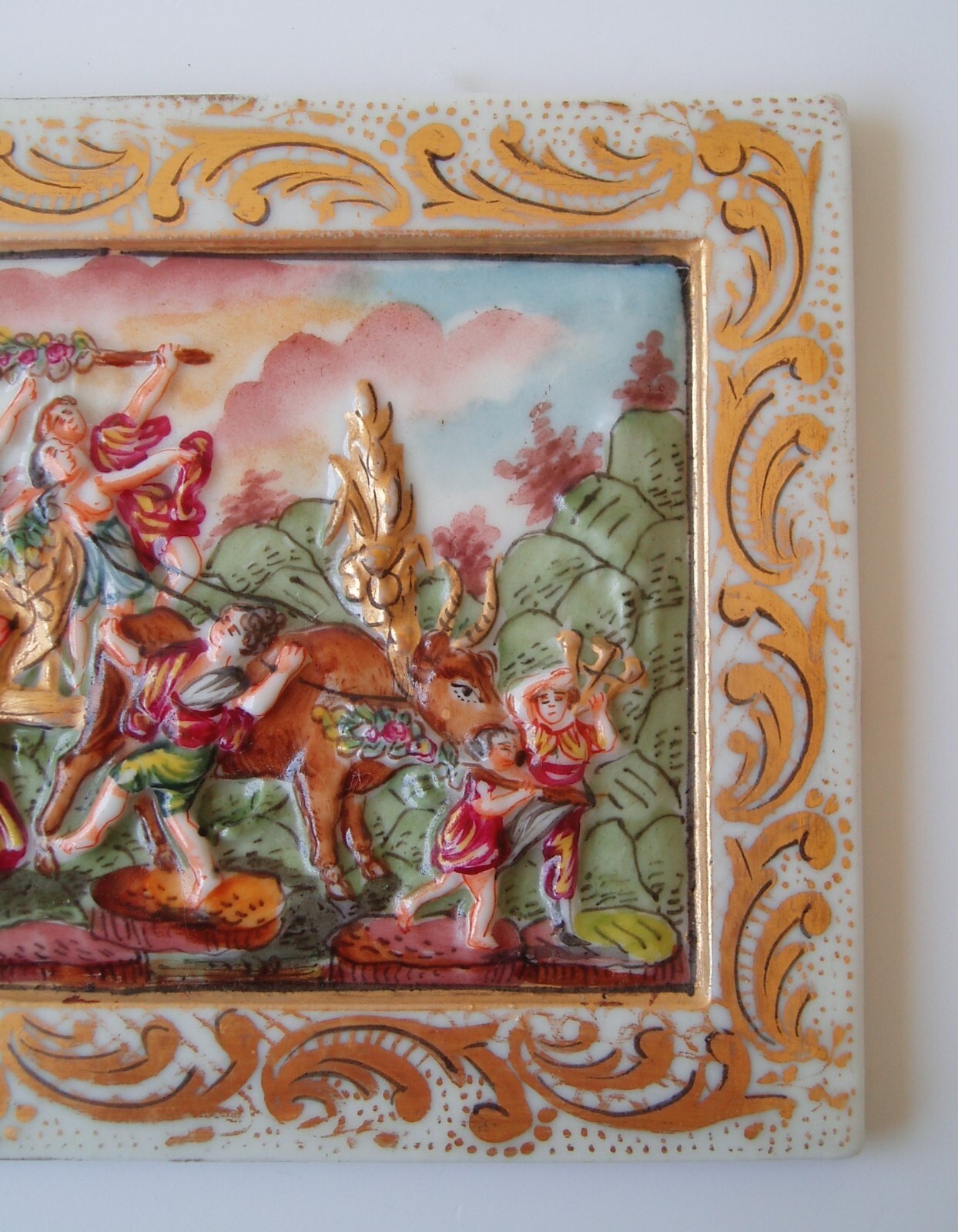 Antique Capodimonte Bacchanalian or Harvest Scene Porcelain Relief Wall Plaque