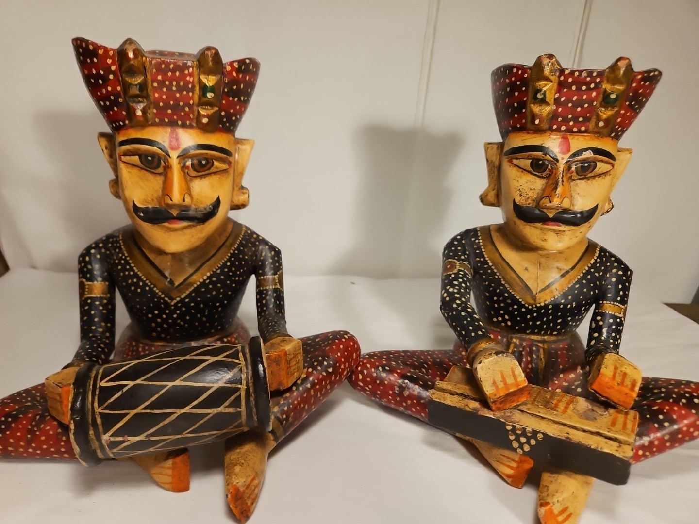 Pair of Vtg. Rajasthani Art Hand Carved Wooden Sitting Indian Musician Figurines