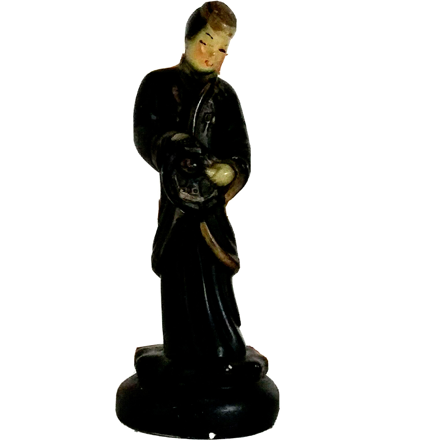 Vintage 1940’s Asian Drummer Figurine 7 3/8″ Tall Dressed in Black Gold