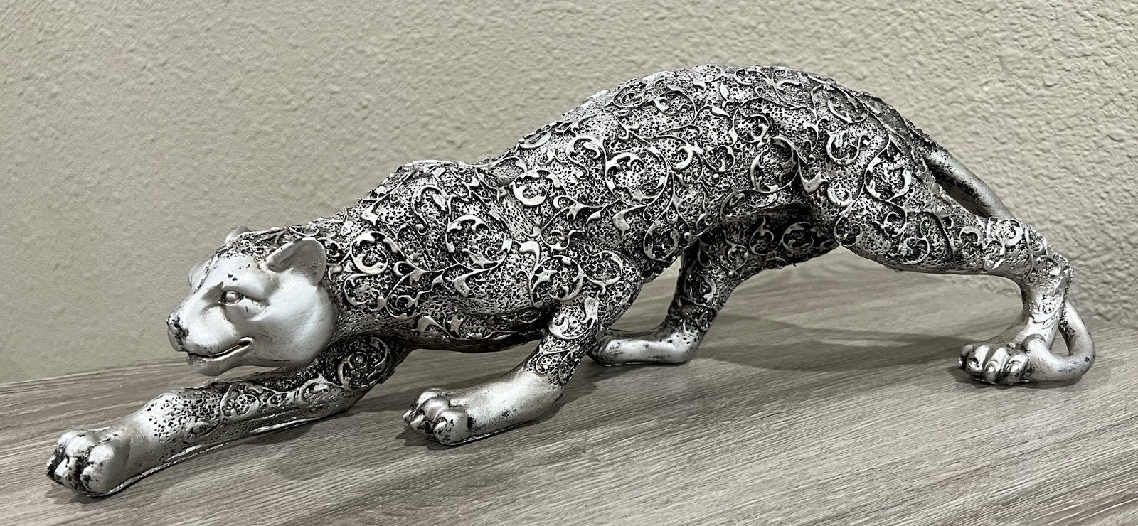 Jaguar Figurine Silver Tone Filigree Design 16”