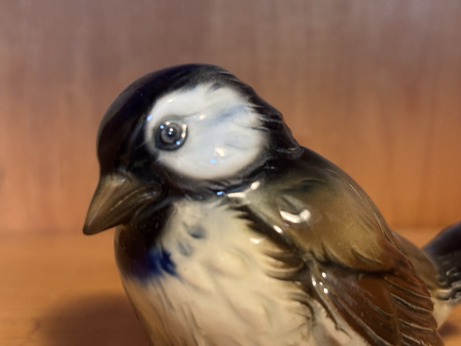 Glossy Glazed Ceramic Bird Figurine – Brown Black White, Unboxed