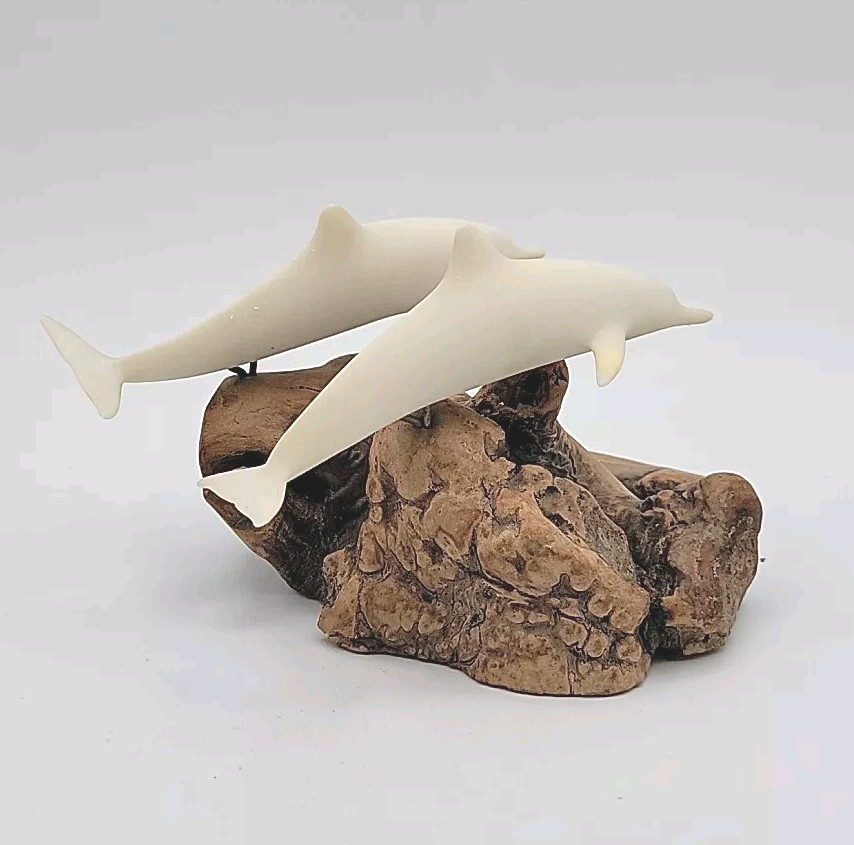 John Perry 2 White Dolphin Figurines On Burl Driftwood Sculpture Signed