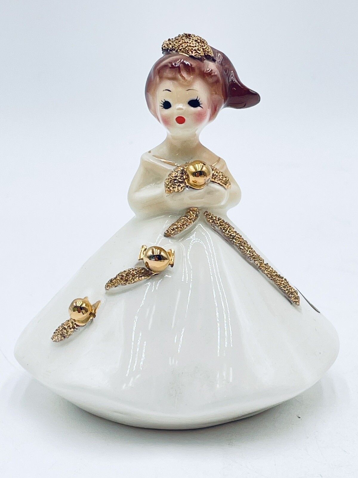 JOSEF ORIGINAL 🌸 NOEL Girl FIGURINE 🌸 WHITE WITH GOLD CHRISTMAS BALLS
